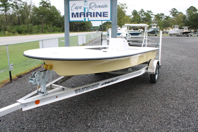 Slide: The Image of 2026 Mitzi Skiffs 17 Tournament boat on trailer at Cape Romain Marine dealership. - 1