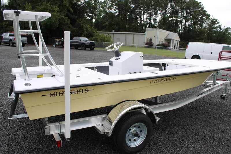 Slide: The Image of 2026 Mitzi Skiffs 17 Tournament boat on trailer at Cape Romain Marine dealership. - 4