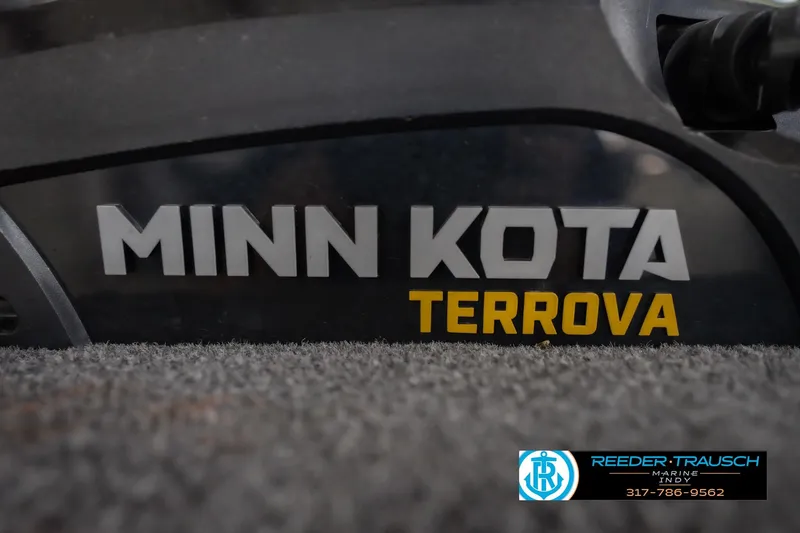 Slide: The Image of Minn Kota Terrova trolling motor on 2023 Lund 1650 Angler SS boat, Reeder-Trausch Marine logo. - 47