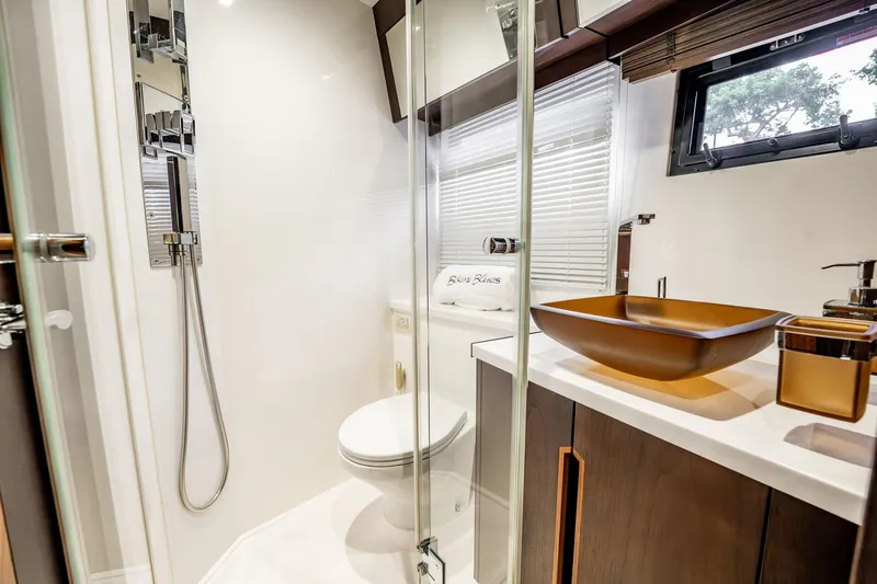 Slide: The Image of Luxurious bathroom in 2017 Galeon 510 Sky yacht with modern fixtures and elegant design. - 31