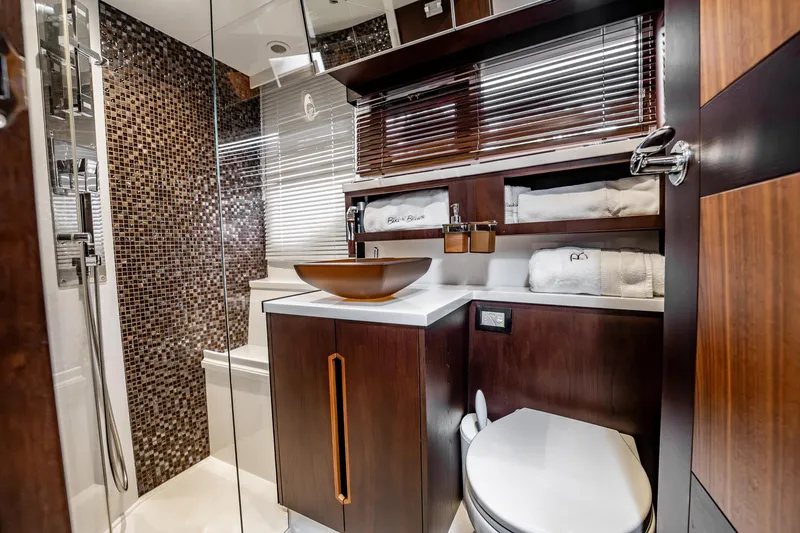 Slide: The Image of Luxurious bathroom in 2017 Galeon 510 Sky yacht with modern fixtures and elegant design. - 47