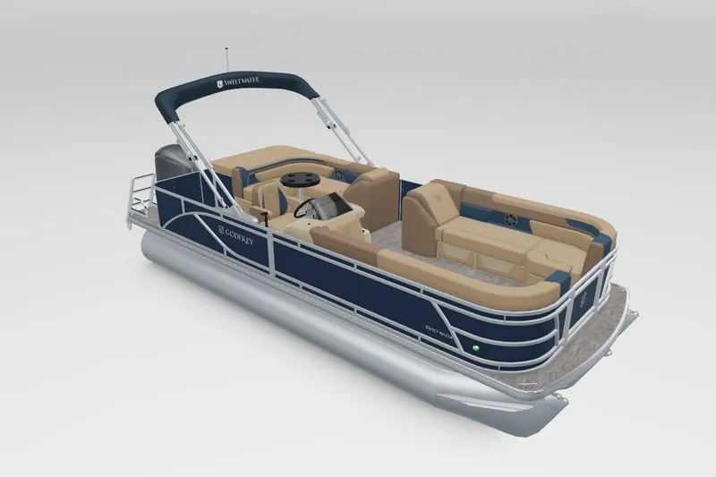 The Image of 2026 Godfrey Sweetwater 2286 C Tritoon in showroom, blue and silver design. - 0