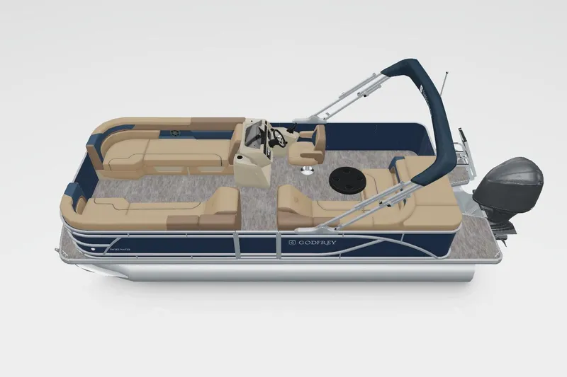 Slide: The Image of 2026 Godfrey Sweetwater 2286 C Tritoon in showroom, side view, blue and silver design. - 1