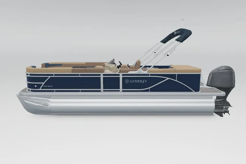 Slide: The Image of 2026 Godfrey Sweetwater 2286 C Tritoon, side view, blue and beige design, modern pontoon boat. - 20