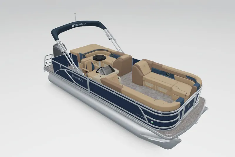 Slide: The Image of 2026 Godfrey Sweetwater 2286 C Tritoon boat with beige seating and blue accents. - 21