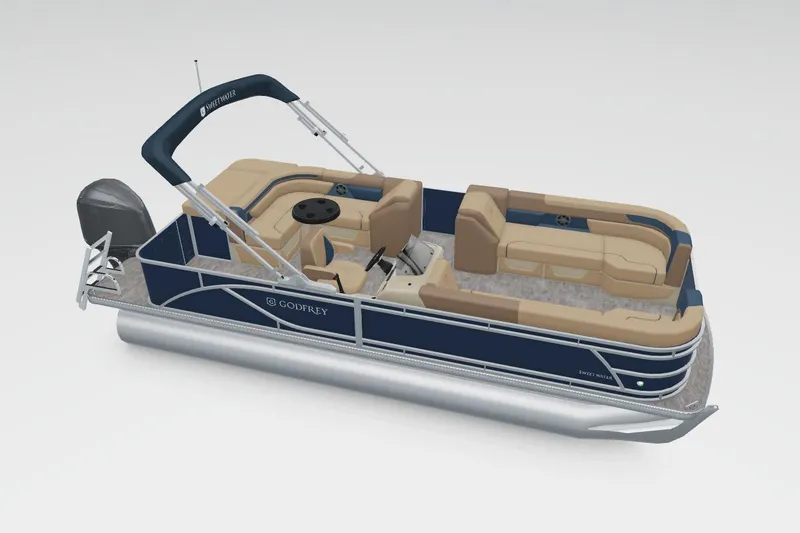 Slide: The Image of 2026 Godfrey Sweetwater 2286 C Tritoon boat with beige seating and blue accents. - 22