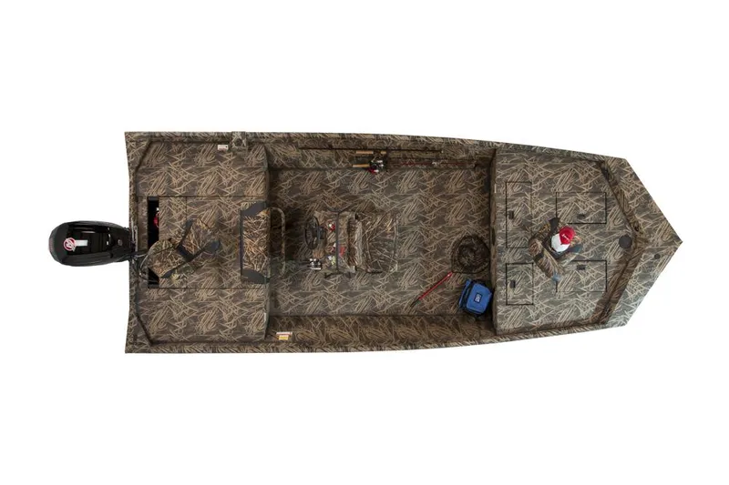 Slide: The Image of 2026 Lowe Roughneck 2070CC boat on trailer, camo design, Mercury engine, parked outdoors. - 3