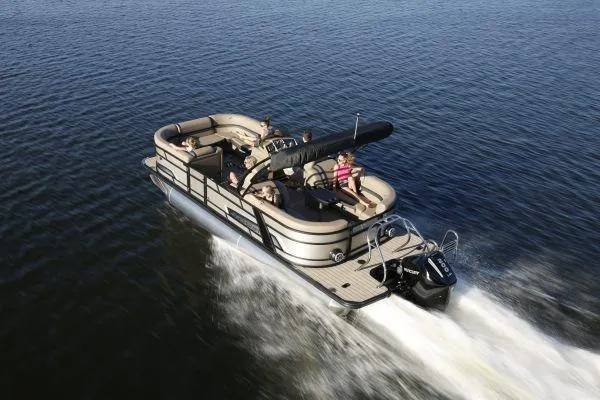 The Image of 2026 Starcraft EXS 3 DL pontoon boat with blue canopy and sleek design. - 0