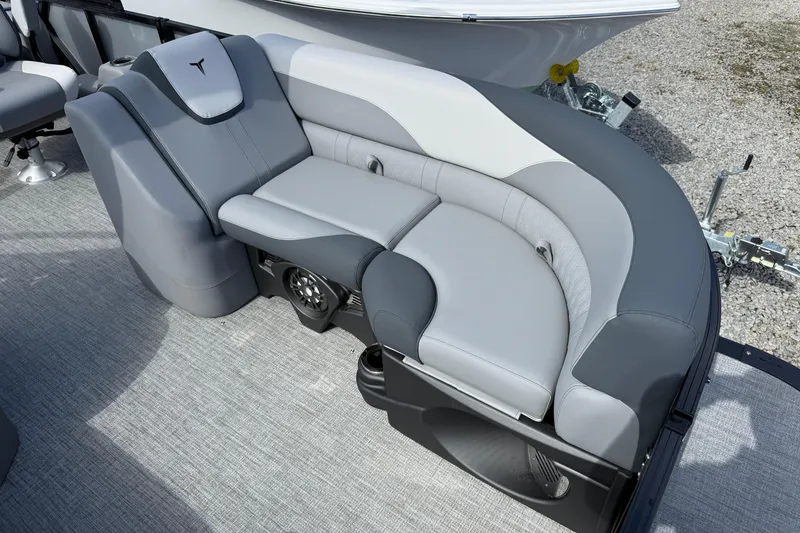Slide: The Image of 2026 Tahoe Pontoon LTZ Versatile Rear Lounger with stylish gray seating and modern design. - 17
