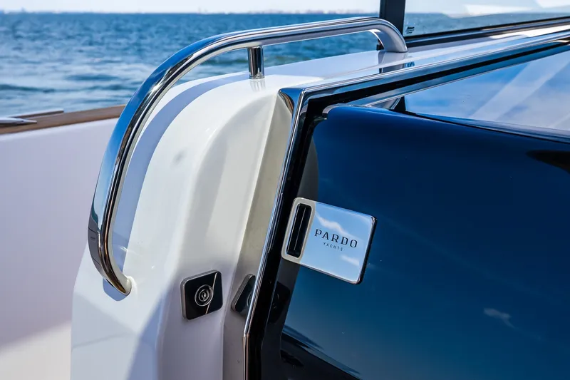Slide: The Image of 2027 Pardo Yachts P43R, sleek design detail with ocean backdrop. - 57