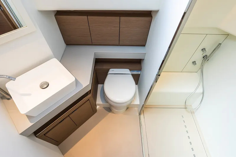 Slide: The Image of Luxurious bathroom interior of 2027 Pardo Yachts P43R, featuring modern fixtures and elegant design. - 26