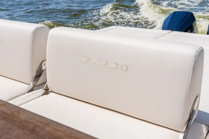 Slide: The Image of Luxury seating on 2027 Pardo Yachts P43R, cruising on open water. - 14