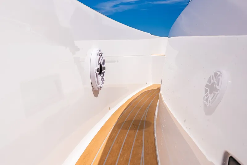 Slide: The Image of Sleek deck design of 2027 Pardo Yachts P43R under clear blue sky. - 59