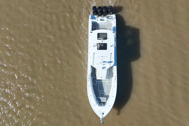 Slide: The Image of Overhead view of 2016 Yellowfin 42 Offshore boat on water. - 8