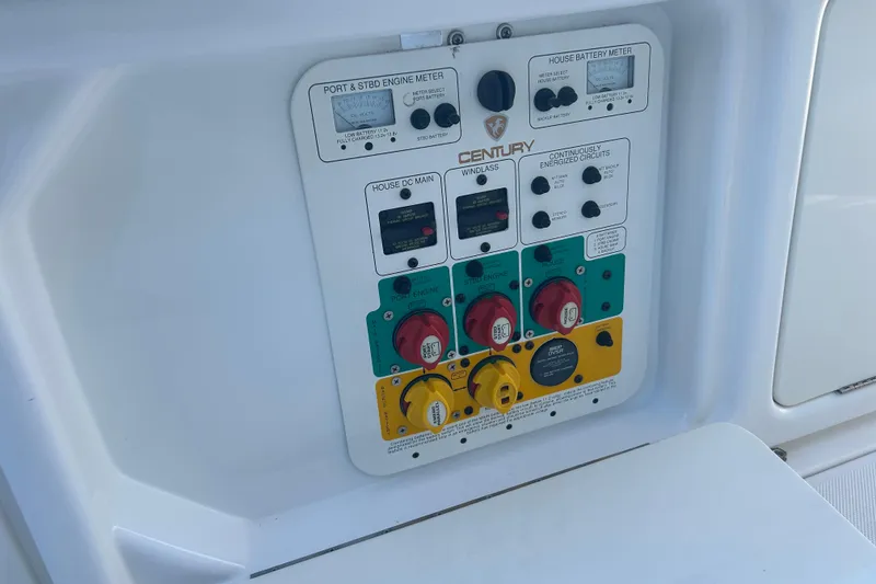 Slide: The Image of Control panel of a 2015 Century 2901 Center Console boat, featuring engine and battery meters. - 14