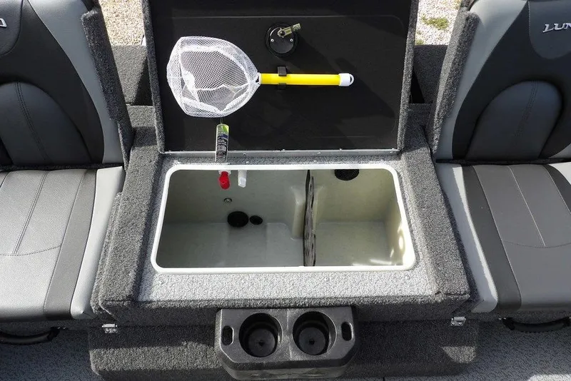 Slide: The Image of Cup holder on 2026 Lund 1875 Impact XS Sport boat, mounted on gray surface. - 18