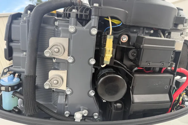 Slide: The Image of Close-up of a 2021 Beavertail Skiffs 18 Mosquito engine components. - 16