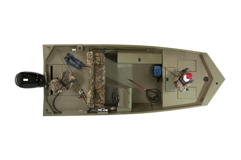 Slide: The Image of 2026 Lowe Roughneck 1860SC boat interior with camo seats and steering console. - 6