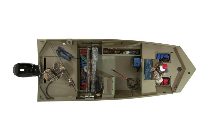Slide: The Image of 2026 Lowe Roughneck 1860SC boat interior with steering console and storage compartments. - 7