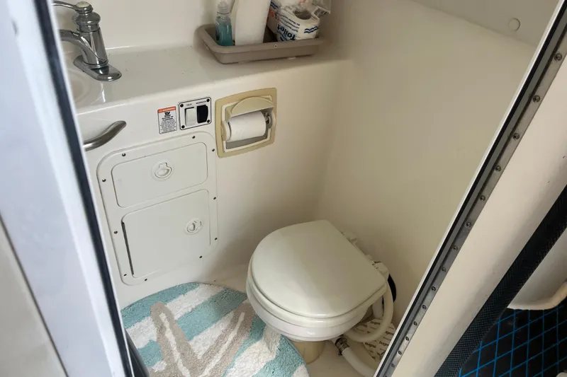 Slide: The Image of Compact bathroom in 2002 Century 3200 Walk-Around boat with toilet and sink. - 29