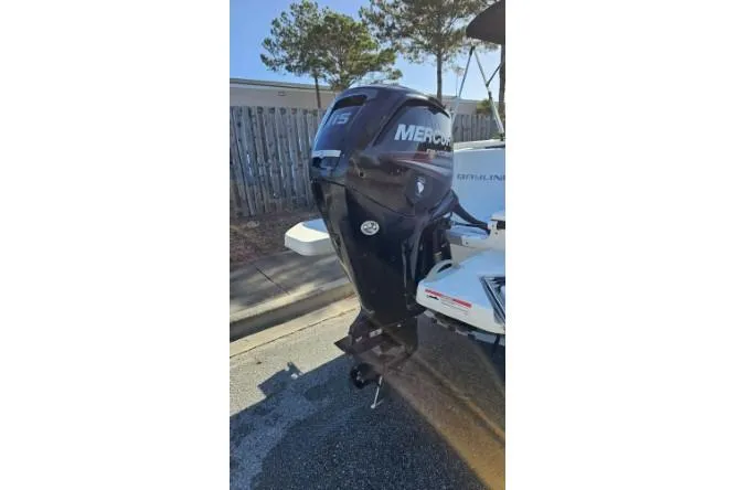 Slide: The Image of 2019 Bayliner Element E18 with Mercury outboard motor, parked outdoors. - 21