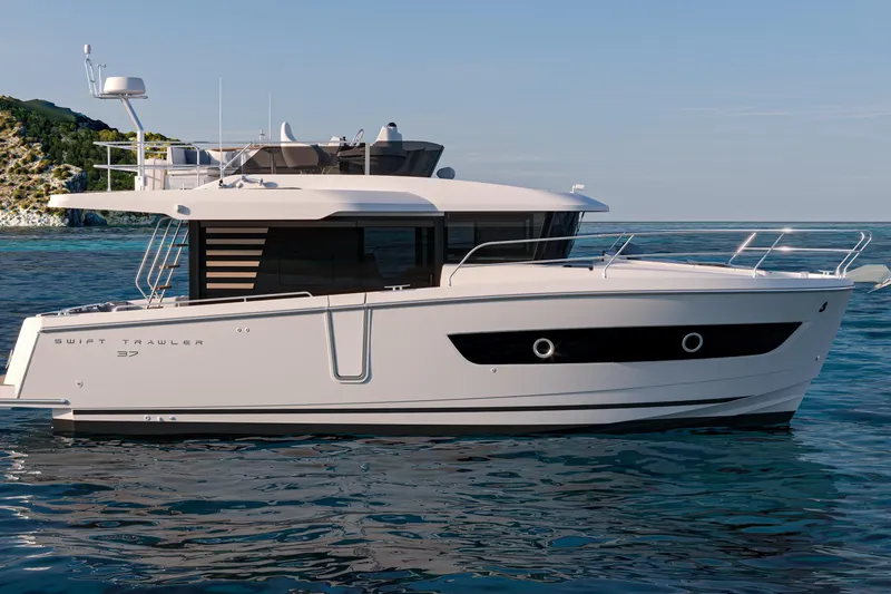The Image of 2026 Beneteau Swift Trawler 37 Fly on calm sea, side view. - 0