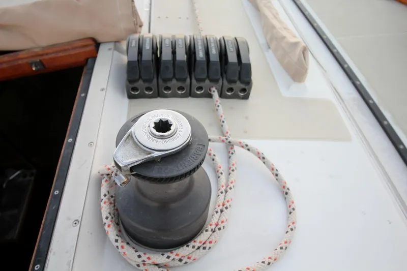 Slide: The Image of Winch and rope clutches on 1981 Ericson 36 sailboat deck. - 17