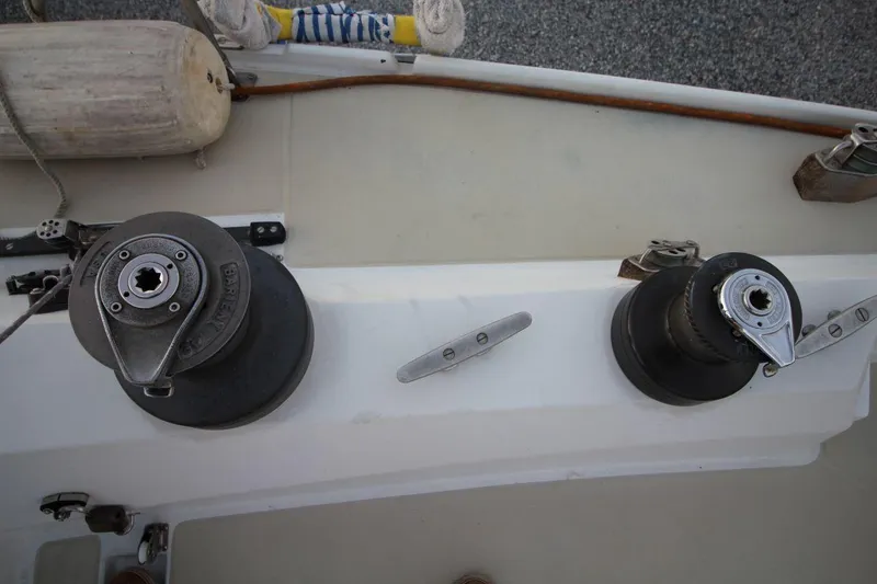 Slide: The Image of Deck of 1981 Ericson 36 sailboat with winches and cleats. - 18