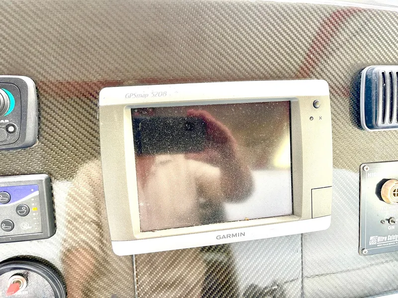 Slide: The Image of Garmin GPSmap 5208 on Goetz Custom Boats 33' Limo Tender dashboard, 2008 model. - 8