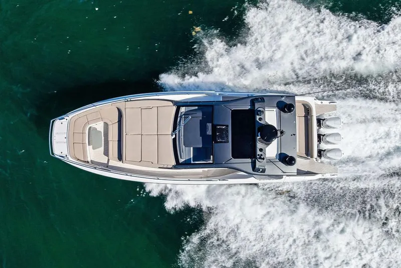 Slide: The Image of Aerial view of 2024 Azimut Verve 42 yacht cruising on open water. - 11