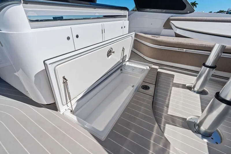 Slide: The Image of 2024 Azimut Verve 42 yacht interior with open storage compartment and sleek design. - 46