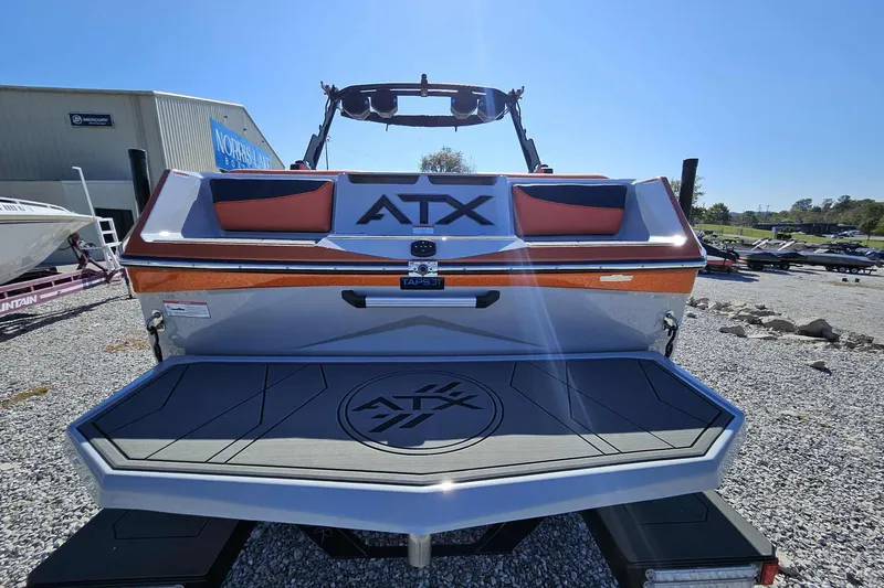 Slide: The Image of 2026 ATX Surf Boats 22 Type-S, rear view, showcasing sleek design and branding. - 24