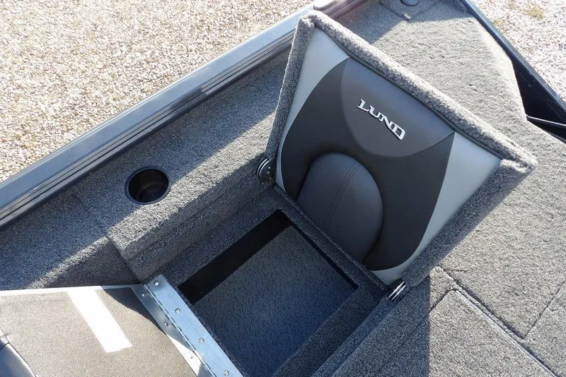 Slide: The Image of 2026 Lund 1875 Renegade boat seat with storage compartment, gray upholstery. - 13