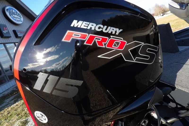 Slide: The Image of Mercury Pro XS 115 engine on 2026 Lund 1875 Renegade boat at marine center. - 33