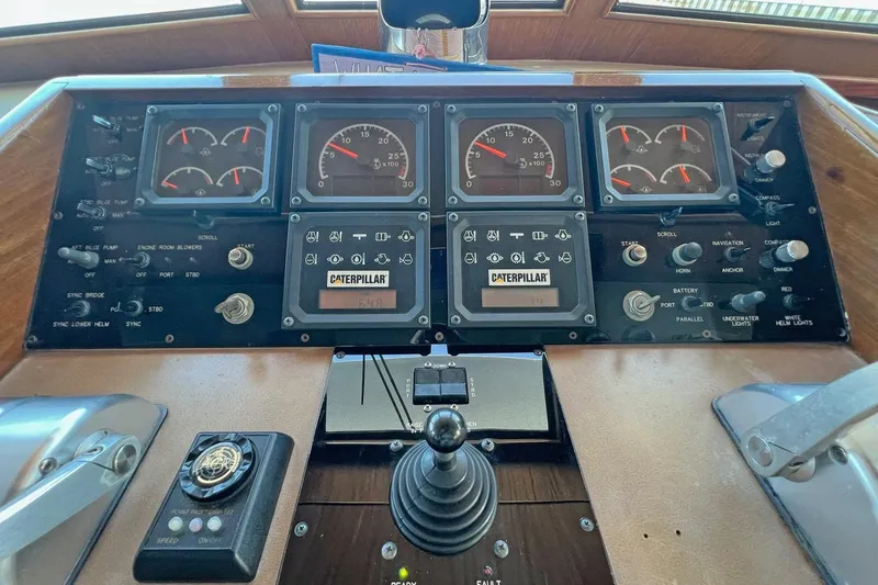 Slide: The Image of Control panel of a 1985 Hatteras 58 Motor Yacht with gauges and switches. - 22
