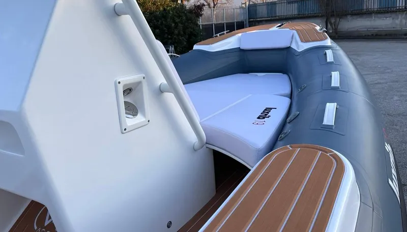 Slide: The Image of 2025 Aqvaboats Luxrib 19 inflatable boat with sleek seating and modern design. - 22