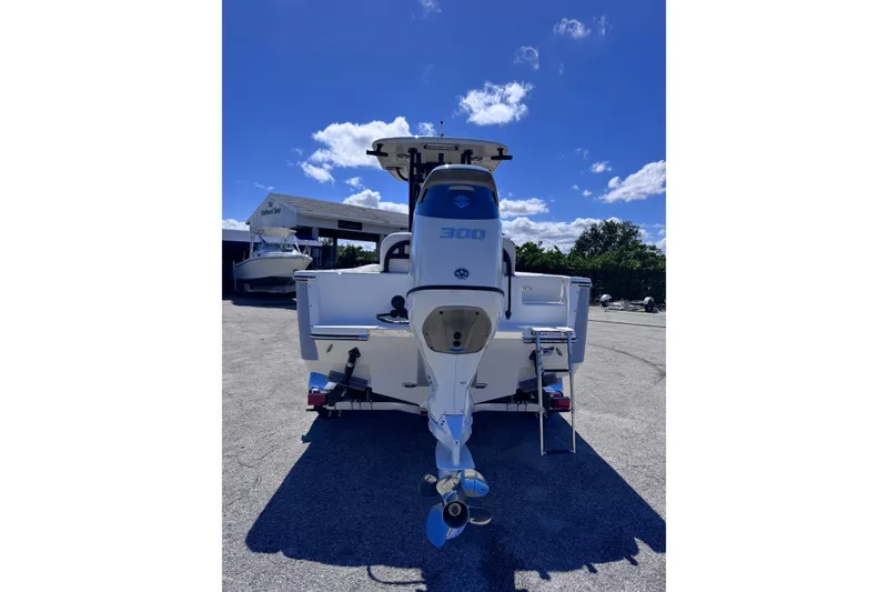 Slide: The Image of 2026 Sea Born LX24 Center Console boat with powerful 300 HP engine, parked outdoors. - 4