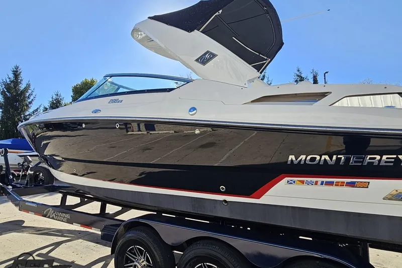 Slide: The Image of 2015 Monterey 288SS Super Sport boat on trailer, sleek design, black and white exterior. - 20