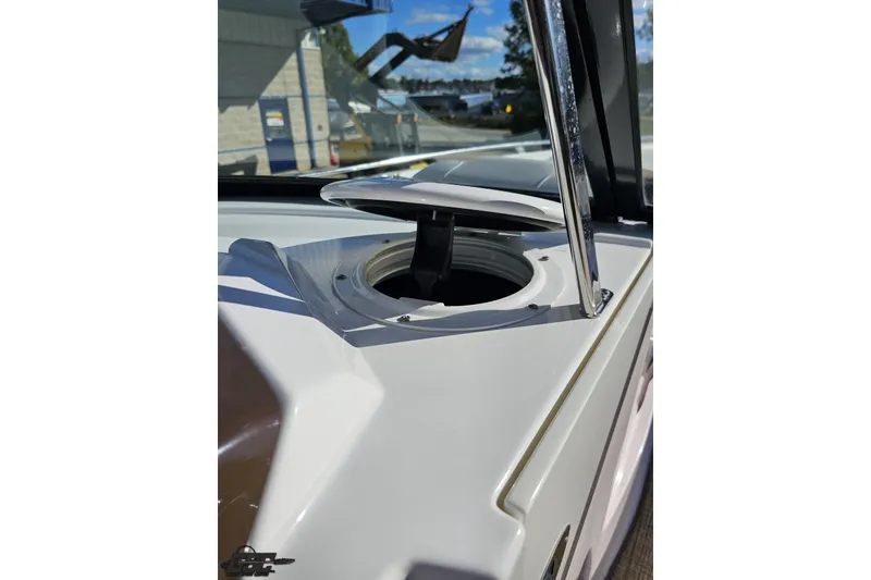 Slide: The Image of 2015 Monterey 288SS Super Sport boat detail with open compartment and chrome accents. - 63