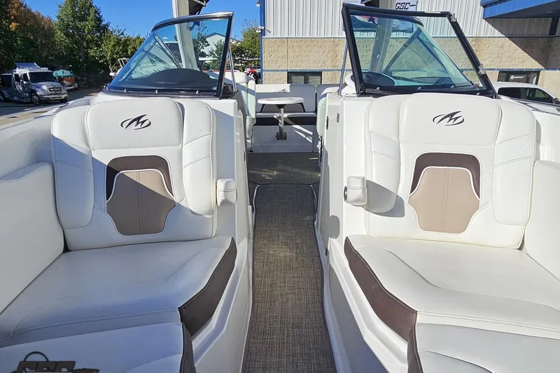 Slide: The Image of 2015 Monterey 288SS Super Sport boat interior with white seating and modern design. - 90