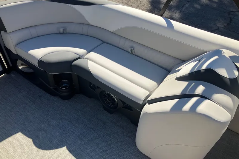 Slide: The Image of 2026 Tahoe Pontoon LTZ Quad Lounger with sleek, modern seating design. - 14