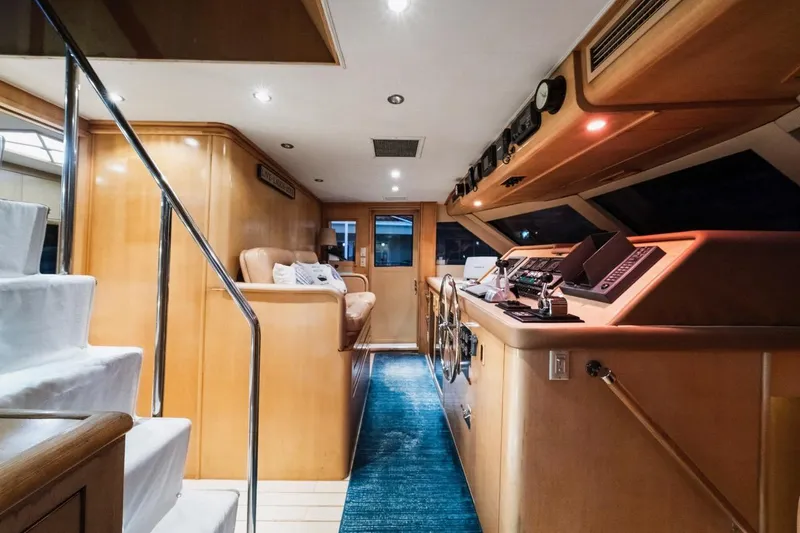 Slide: The Image of Interior of 2000 Hatteras 74 Cockpit Motor Yacht with helm and seating area. - 30