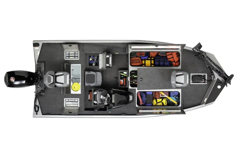 Slide: The Image of Manufacturer Provided Image: 2025 Lowe Stinger 195 Bass boat interior layout with storage compartments and seating. - 7