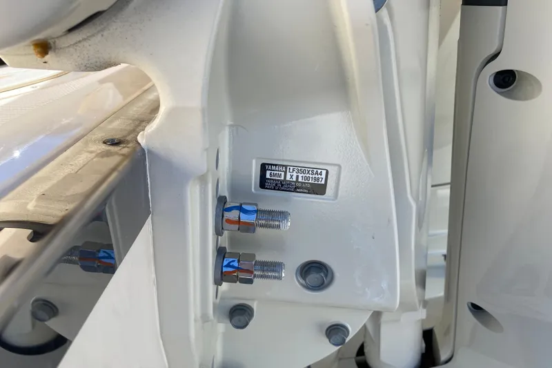 Slide: The Image of Close-up of a 2026 Grady-White Canyon 336 boat engine mount with Yamaha label. - 22