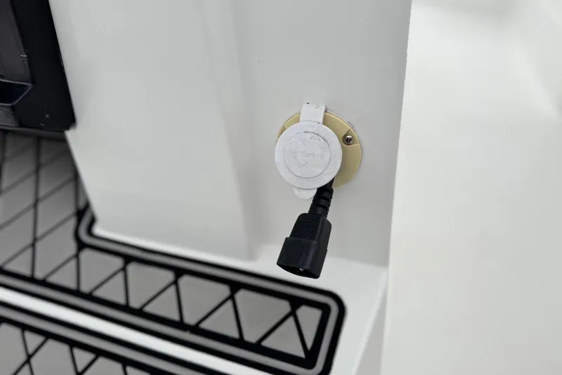 Slide: The Image of Power outlet on 2022 Wellcraft 222 Scarab Offshore boat, featuring a connected plug. - 35