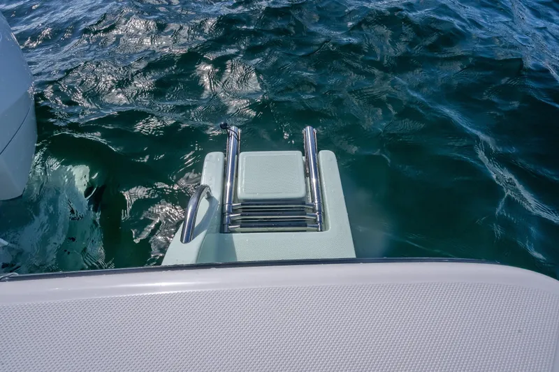Slide: The Image of 2026 Sea Born FX22 Bay boat ladder on calm water surface. - 22