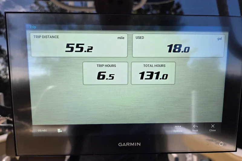Slide: The Image of Garmin display showing trip data: 55.2 miles, 18 gallons used, 6.5 trip hours, 131 total hours. - 29