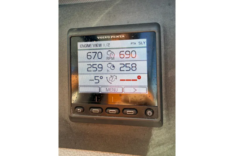 Slide: The Image of Volvo Penta engine display showing RPM and temperature on Cobalt R35, 2020 model. - 16