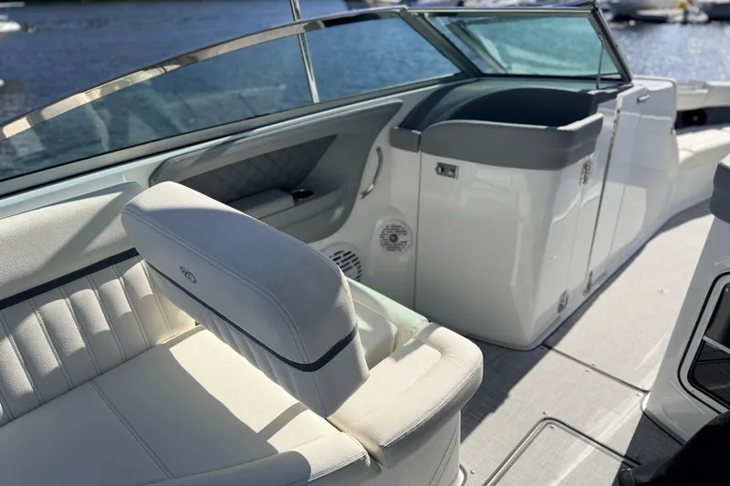 Slide: The Image of 2020 Cobalt R35 boat interior with luxurious seating and sleek design. - 24