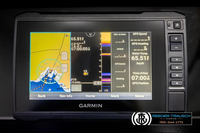Slide: The Image of Garmin navigation display on 2022 Crownline 265 SS boat, showing map and data. - 48